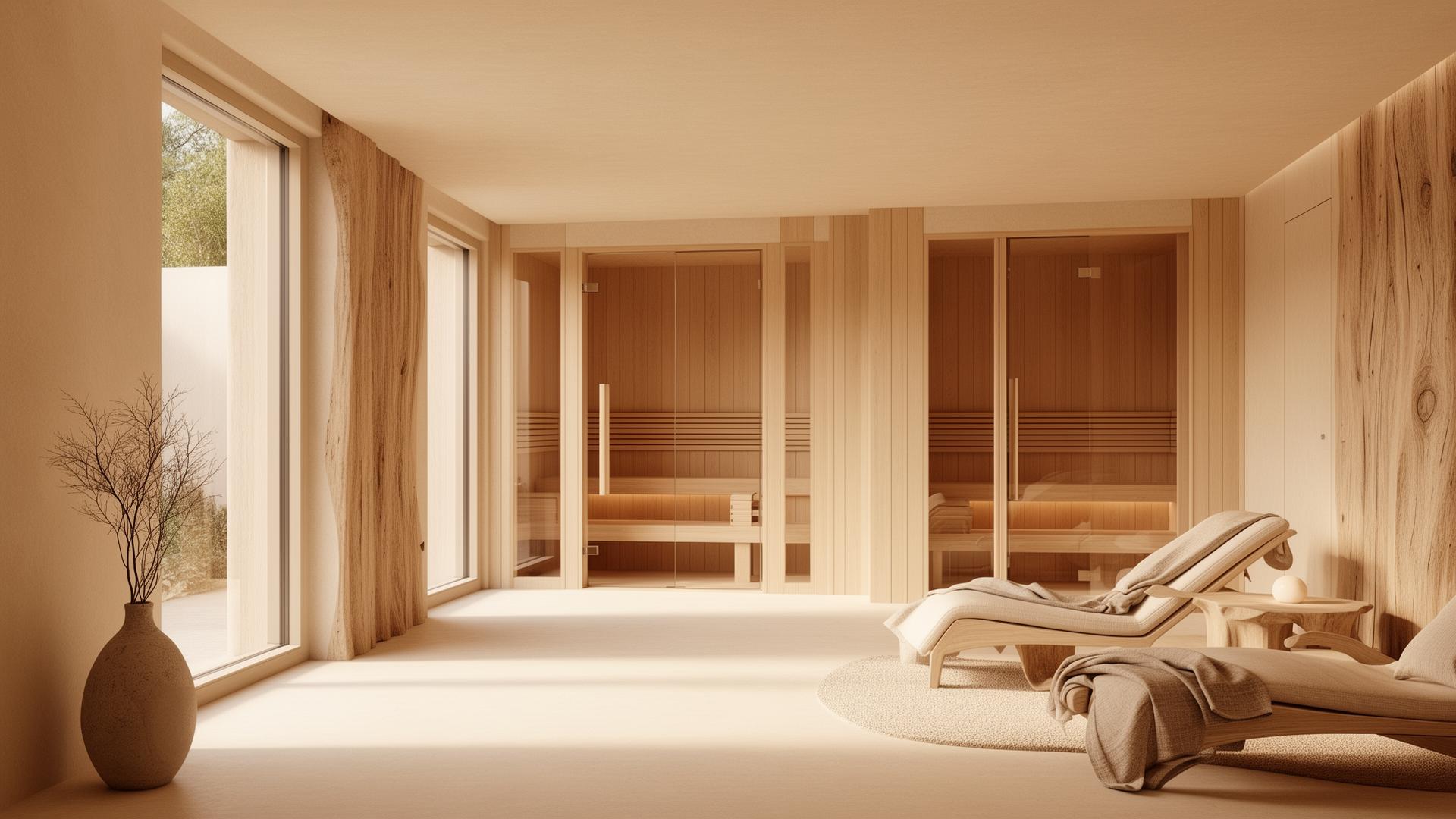 Scandinavian spa interior with natural wood, warm lighting and serene atmosphere